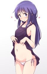 Rule 34 | 1girl, :d, bare arms, bare shoulders, black dress, blush, breasts, clothes lift, collarbone, commentary request, cowboy shot, dress, dress lift, gradient background, groin, heart, highres, hinata yukari, lifted by self, long hair, looking at viewer, mel (melty pot), navel, open mouth, panties, purple eyes, purple hair, side-tie panties, sidelocks, sleeveless, sleeveless dress, small breasts, smile, solo, standing, stomach, sweatdrop, two-tone background, underwear, white panties, yuyushiki