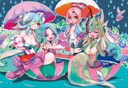 Rule 34 | 4girls, blonde hair, blue hair, boots, braid, breasts, cleavage, fish, forecast janna, glasses, hair over one eye, janna (league of legends), jinx (league of legends), league of legends, mermaid, monster girl, multiple girls, nami (league of legends), smile, sona (league of legends), twin braids, umbrella