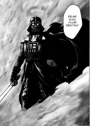Rule 34 | 1boy, absurdres, armor, brian harding (brihard), cape, comic, commentary, darth vader, energy sword, english commentary, facing viewer, floating cape, fortnite, gloves, greyscale, helmet, highres, holding, holding lightsaber, holding weapon, lightsaber, male focus, monochrome, smoke, solo, speech bubble, standing, star wars, sword, weapon
