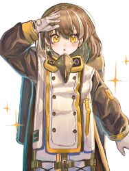 Rule 34 | 1girl, :o, arknights, arm up, blush, brown hair, brown jacket, commentary request, earrings, glint, gloves, hair between eyes, hakaimoufu, highres, jacket, jewelry, long sleeves, looking at viewer, magallan (arknights), multicolored hair, parted lips, puffy long sleeves, puffy sleeves, simple background, solo, sparkle, streaked hair, white background, white gloves, white hair, yellow eyes