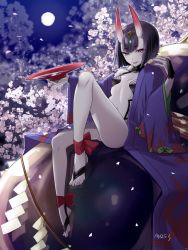 Rule 34 | 1girl, alcohol, ankle ribbon, artist name, barefoot sandals (jewelry), breasts, cherry blossoms, cup, fate (series), flower, full body, full moon, headpiece, horns, japanese clothes, kimono, leg ribbon, mo253, moon, open clothes, open kimono, purple hair, ribbon, sakazuki, sake, sandals, shide, short eyebrows, short hair, shuten douji (fate), shuten douji (first ascension) (fate), skin-covered horns, small breasts, solo