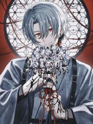 Rule 34 | 1boy, absurdres, architecture, azuma hatori, bead bracelet, beads, bishounen, black blood, blood, blood on hands, bracelet, ear piercing, earrings, east asian architecture, flower, grey hair, hair ornament, hand up, head tilt, highres, holding, holding flower, indoors, japanese clothes, jewelry, light smile, liquid, long sleeves, looking at viewer, male focus, multiple rings, original, parted bangs, piercing, red eyes, ring, rope, shimenawa, shirt, short hair, single earring, slit pupils, solo, spider lily, strapless, strapless shirt, upper body, white flower, white hair, wide sleeves