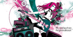 Rule 34 | 1girl, bad id, bad pixiv id, buzz (moi), female focus, fingerless gloves, flower, gloves, green eyes, guitar, instrument, mustang (guitar), original, partially colored, pink hair, solo, speaker, thighhighs