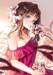 Rule 34 | 1girl, ancotaku, artist name, bare shoulders, blue eyes, blurry, blurry background, blurry foreground, blush, branch, breasts, brown hair, cherry blossoms, cleavage, closed mouth, collarbone, commentary request, depth of field, dress, eyes visible through hair, flower, focused, fringe trim, hair between eyes, hair flower, hair ornament, hand up, highres, holding, holding branch, holding flower, leaf, lens flare, light particles, looking at viewer, medium breasts, medium hair, nail polish, off-shoulder dress, off shoulder, original, pink dress, pink flower, pink nails, signature, sitting, smile, solo, tareme, upper body, water drop, wet, white flower