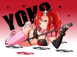 Rule 34 | 00s, 1girl, 3stage (1663483), between breasts, bikini, bikini top only, breasts, cleavage, fingerless gloves, gloves, gun, hair ornament, long hair, looking at viewer, lying, micro shorts, navel, pink thighhighs, ponytail, red hair, rifle, scarf, short shorts, shorts, skull hair ornament, smile, solo, swimsuit, tengen toppa gurren lagann, thighhighs, weapon, yellow eyes, yoko littner