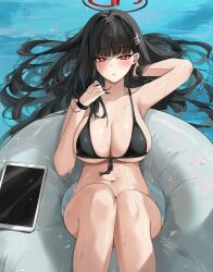 Rule 34 | 1girl, adjusting hair, afloat, alternate costume, armpits, bikini, black bikini, black hair, blue archive, blush, bracelet, breasts, bright pupils, commentary, commentary request, dema hmw, floating hair, hair ornament, hair spread out, hairclip, halo, hand in own hair, highres, innertube, ipad, jewelry, large breasts, long hair, looking at viewer, navel, parted lips, red eyes, rio (blue archive), sideboob, solo, stomach, swim ring, swimsuit, tablet pc, underboob, very long hair, water, wet, white pupils
