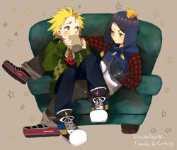 Rule 34 | 2boys, bad id, bad pixiv id, beanie, black hair, blonde hair, blue eyes, chair, character name, chullo, copyright name, craig tucker, cup, eye contact, gloves, hat, in lap, looking at another, male focus, messy hair, middle finger, mug, multiple boys, naoko (juvenile), necktie, sitting, sitting on lap, sitting on person, south park, sweater, tweek tweak, yellow eyes