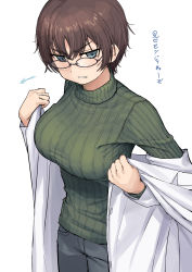 Rule 34 | 1girl, black-framed eyewear, blush, breasts, brown hair, clenched teeth, coat partially removed, glasses, green sweater, highres, kaedeko (kaedelic), lab coat, large breasts, long sleeves, looking at viewer, original, ribbed sweater, short hair, simple background, solo, sweater, taut clothes, teeth, white background