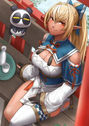 Rule 34 | 1girl, absurdres, alcohol, animal costume, bench, black gloves, blonde hair, blue bow, bow, breasts, cleavage, clothing cutout, corset, cup, dark-skinned female, dark elf, dark skin, detached collar, detached sleeves, elf, exaxuxer, gloves, hair bow, hair intakes, high ponytail, highres, hip vent, hololive, hololive fantasy, kintsuba (shiranui flare), large breasts, long hair, looking at viewer, miniskirt, multicolored hair, orange eyes, panda, panda costume, partially fingerless gloves, pointy ears, ponytail, sakazuki, sake, shiranui flare, shiranui flare (old design), shoulder cutout, single thighhigh, sitting, skirt, smile, streaked hair, thighhighs, tray, virtual youtuber, white hair, white thighhighs