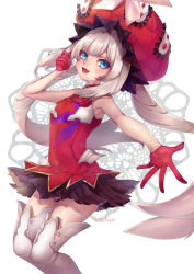 Rule 34 | blouse, blue eyes, blush, dress, fate/grand order, fate (series), gloves, hat, long hair, miniskirt, red hat, red shirt, rider (marie antoinette), shirt, skirt, sleeveless, sleeveless shirt, smile, solo, thighhighs, twintails, very long hair, white background, white hair