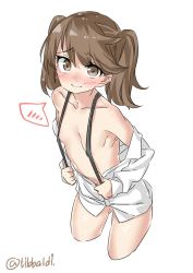 Rule 34 | ..., 10s, 1girl, bad id, bad twitter id, bare shoulders, blush, bottomless, breasts, brown eyes, brown hair, closed mouth, clothes down, collarbone, cowboy shot, cropped legs, ebifurya, gluteal fold, highres, inactive account, kantai collection, long sleeves, looking at viewer, ryuujou (kancolle), shirt, simple background, small breasts, solo, speech bubble, spoken blush, spoken ellipsis, suspenders, twintails, twitter username, white background, white shirt