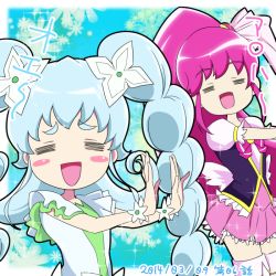 Rule 34 | 10s, 2girls, = =, aino megumi, blue hair, blush stickers, bow, braid, cure lovely, cure princess, cure princess (macadamia hula dance), dancing, happinesscharge precure!, hula, long hair, magical girl, multiple girls, open mouth, pink bow, pink hair, precure, shirayuki hime, smile, twin braids, vest, wide ponytail, yoshimune