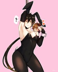 Rule 34 | 2boys, ?, absurdres, animal ears, arm up, armpits, badinu10136, black gloves, black legwear, blush, bridal gauntlets, brown hair, chibi, closed eyes, collarbone, commentary, covered navel, earrings, elbow gloves, english commentary, fake animal ears, fake tail, genshin impact, gloves, hair between eyes, heart, highres, jewelry, leotard, long hair, looking at viewer, male focus, male playboy bunny, mask, mask on head, multiple boys, on shoulder, open mouth, orange hair, pantyhose, pectorals, pink background, playboy bunny, pole, ponytail, rabbit ears, rabbit tail, short hair, simple background, single earring, speech bubble, strapless, strapless leotard, stripper pole, symbol-only commentary, tail, tartaglia (genshin impact), tassel, tassel earrings, wrist cuffs, yellow eyes, zhongli (genshin impact)