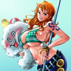 Rule 34 | 1girl, 1other, ass, baseball cap, bikini, bikini top only, blush, breast press, breasts, carrying, curvy, earrings, embarrassed, hat, highres, holding, holding weapon, hug, jewelry, kyuugata, large breasts, long hair, looking at viewer, nami (one piece), navel, nervous smile, one piece, orange hair, pants, shiny skin, shoulder tattoo, simple background, smile, standing, sweat, swimsuit, tattoo, weapon, wide hips, zeus (one piece)