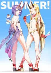 Rule 34 | 2girls, bare legs, bare shoulders, bikini, black bikini, black nails, blonde hair, blunt bangs, breasts, collarbone, covered erect nipples, cup, cupping glass, drink, drinking glass, drinking straw, earrings, english text, fate/grand order, fate (series), fingernails, food, hand on own hip, highres, holding, holding cup, holding drinking glass, horns, ibaraki douji (fate), jewelry, kneepits, long hair, looking at viewer, multiple girls, nail polish, navel, pointy ears, popsicle, purple eyes, purple hair, sandals, saruchitan, sharp fingernails, short hair, shuten douji (fate), skin-covered horns, small breasts, standing, strapless, swimsuit, tattoo, tongue, tongue out, towel, white bikini, yellow eyes