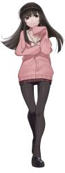 Rule 34 | 1girl, alternate costume, bad id, bad twitter id, black eyes, black footwear, black hair, black pantyhose, brown skirt, buttons, cardigan, casual, closed mouth, contemporary, full body, highres, houraisan kaguya, long hair, long sleeves, looking at viewer, miniskirt, pantyhose, pleated skirt, shoes, simple background, skirt, smile, solo, standing, thigh gap, touhou, toujou (toujou ramen), white background