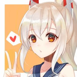 Rule 34 | 1girl, ayanami (azur lane), azur lane, blue sailor collar, brown eyes, commentary request, headgear, heart, long hair, looking at viewer, ougi (u to4410), ponytail, revision, sailor collar, school uniform, serafuku, silver hair, simple background, solo, spoken heart, to4410), v
