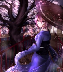 Rule 34 | 1girl, :d, blurry, bridge, building, cherry blossoms, cloud, colored eyelashes, depth of field, floral print, from behind, gradient eyes, highres, hip focus, holding, holding umbrella, japanese clothes, kimono, long sleeves, looking back, moonlight, multicolored eyes, nape, nekohashi, night, night sky, obi, oil-paper umbrella, open mouth, parasol, petals, pink eyes, pink hair, plant, pond, purple eyes, reflection, roots, saigyouji yuyuko, sash, short hair, sky, smile, solo, touhou, tree, umbrella, water, wide sleeves, worried