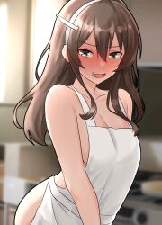 Rule 34 | 1girl, alternate costume, apron, ashigara (kancolle), blurry, blurry background, blush, breasts, brown eyes, brown hair, cleavage, commentary request, cowboy shot, fang, full-face blush, furaggu (frag 0416), hair between eyes, hair ornament, hairband, hairclip, highres, kantai collection, long hair, looking at viewer, medium breasts, naked apron, open mouth, sideboob, skin fang, smile, solo, stove, white hairband