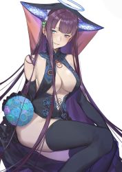 Rule 34 | 1girl, bare shoulders, black dress, black gloves, black headwear, black thighhighs, blue eyes, blunt bangs, blush, breast curtains, breasts, center opening, dress, elbow gloves, fate/grand order, fate (series), gloves, grin, halo, highres, large breasts, long hair, looking at viewer, purple hair, red cucumber, sidelocks, simple background, smile, solo, thighhighs, thighs, very long hair, white background, yang guifei (fate), yang guifei (third ascension) (fate)