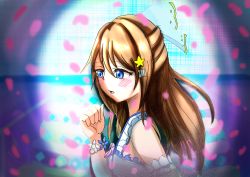 Rule 34 | 1girl, :o, absurdres, anata no risou no heroine, aqua bow, aqua eyes, arm garter, arm ribbon, artist name, artist request, blue eyes, blush, bow, bracelet, breasts, brown hair, clenched hand, collarbone, cross-laced clothes, cross-laced dress, dress, drop earrings, earrings, female focus, flower, flower bracelet, frilled dress, frilled straps, frills, hair between eyes, hair bobbles, hair bow, hair ornament, hairclip, half-closed eyes, halter dress, halterneck, highres, jewelry, long hair, looking at viewer, love live!, love live! nijigasaki high school idol club, love live! school idol festival, medium breasts, necklace, osaka shizuku, parted lips, pearl bracelet, pearl necklace, petals, pink flower, pink petals, pleated dress, ponytail, puffy short sleeves, puffy sleeves, purple flower, purple rose, ribbon, rose, see-through, see-through dress, shell hair ornament, short sleeves, sideboob, skirt, smile, solo, star (symbol), star hair ornament, striped clothes, striped skirt, upper body, vertical-striped clothes, vertical-striped skirt, white bow, white dress, wrist flower