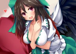 Rule 34 | 1girl, :d, between breasts, bird wings, black wings, bow, breasts, brown hair, cape, cleavage, dd mayohara, feathered wings, hair bow, heart, large breasts, looking at viewer, open mouth, red eyes, reiuji utsuho, short sleeves, smile, solo, touhou, wings