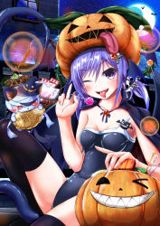 Rule 34 | 1girl, bat (animal), blush stickers, breasts, bubble, candy, cape, cat, collarbone, covered navel, crescent moon, demon girl, demon tail, demon wings, fang, fangs, fireworks, food, food-themed hair ornament, hair ornament, halloween, hat, head wings, highres, jack-o&#039;-lantern, lollipop, moon, mummy, one-piece swimsuit, one eye closed, original, pocky, pumpkin, pumpkin hair ornament, pumpkin hat, purple eyes, purple hair, qixi cui xing, red eyes, sharp teeth, skull hair ornament, small breasts, stitched mouth, stitches, demon girl, swimsuit, tail, teeth, thighhighs, thorns, tongue, tongue out, twintails, window, wings, witch hat