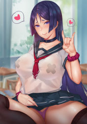 Rule 34 | 1girl, absurdres, bad id, bad pixiv id, bandaid, bandaids on nipples, black skirt, black thighhighs, blue sailor collar, blurry, blurry background, blush, breasts, choker, classroom, closed mouth, clothes lift, covered erect nipples, crossed bandaids, ctrlz77, curtains, fate/grand order, fate (series), hand gesture, heart, highres, large breasts, long hair, looking at viewer, minamoto no raikou (fate), \\n/, neckerchief, panties, parted bangs, pasties, pink panties, pleated skirt, purple eyes, purple hair, sailor collar, school uniform, scrunchie, see-through, serafuku, sitting, skirt, skirt lift, smile, solo, spoken heart, thighhighs, thighs, underwear, very long hair, window, wrist scrunchie