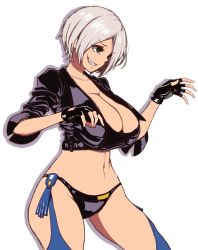 Rule 34 | 1girl, angel (kof), breasts, cleavage, cropped jacket, fingerless gloves, gloves, hair over one eye, highres, large breasts, midriff, navel, okazunoridesuyo, one eye covered, short hair, solo, the king of fighters, white hair