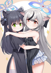 Rule 34 | 2girls, absurdres, animal ear fluff, animal ears, bellfud, black dress, black hair, blue archive, blue halo, breasts, brown eyes, china dress, chinese clothes, dress, extra ears, face-to-face, from side, green eyes, grey hair, halo, highres, hug, kokona (blue archive), long hair, looking at viewer, miniskirt, multicolored hair, multiple girls, orange eyes, short sleeves, shun (blue archive), shun (small) (blue archive), skirt, sleeveless, sleeveless dress, small breasts, smile, streaked hair, striped clothes, striped dress, thighhighs, thighs, tiger ears, tiger girl, upper body, vertical-striped clothes, vertical-striped dress, very long hair, white skirt, white thighhighs