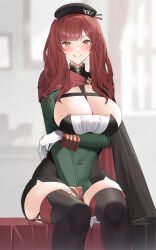 Rule 34 | 1girl, absurdres, arm under breasts, azur lane, beret, between legs, blurry, blurry background, blush, breast hold, breasts, cape, cleavage, covered navel, dress, gloves, green dress, hand between legs, hat, highres, large breasts, licking lips, long hair, looking at viewer, raitho, red hair, sitting, smile, taut clothes, thighhighs, tongue, tongue out, twintails, white gloves, wide hips, yellow eyes, zara (azur lane)