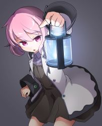 Rule 34 | 1girl, akaino (akaomi), bad id, bad twitter id, character request, coat, holding, holding lantern, lantern, long sleeves, looking at viewer, open mouth, pink eyes, pink hair, short hair, solo, white coat