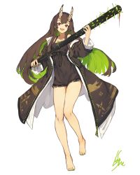 Rule 34 | 1girl, :d, bare legs, bare shoulders, barefoot, baseball bat, black coat, black dress, blood, blood splatter, blush, brown hair, club, club (weapon), coat, dress, full body, green hair, green nails, head tilt, highres, holding, holding weapon, horns, kanabou, lansane, long hair, long sleeves, looking at viewer, nail polish, off shoulder, oni, oni horns, open clothes, open coat, open mouth, original, pinafore dress, red eyes, short dress, sidelocks, signature, simple background, sleeveless dress, smile, solo, straight hair, teeth, toenail polish, toenails, unzipped, upper teeth only, very long hair, weapon, white background, zipper pull tab