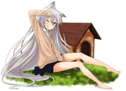 Rule 34 | 1girl, :q, ;q, abe kanari, animal ears, bare legs, barefoot, dog ears, doghouse, grass, green eyes, long hair, one eye closed, original, school uniform, silver hair, sitting, skirt, sleeves past wrists, solo, sweater, tongue, tongue out, very long hair, wink
