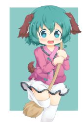 Rule 34 | 1girl, animal ears, bad id, bad pixiv id, bamboo broom, blush, broom, fang, female focus, green eyes, green hair, highres, kasodani kyouko, leg up, loliswitch, matching hair/eyes, open mouth, rollingswitch, short hair, skirt, smile, solo, thighhighs, touhou, white thighhighs