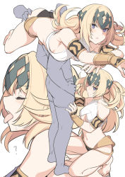 Rule 34 | 1boy, 1girl, ?, armlet, ass grab, bare shoulders, barefoot, blonde hair, blue eyes, blush, breasts, closed eyes, closed mouth, clothing request, diadem, disembodied hand, fate/grand order, fate (series), head out of frame, hetero, kneeling, long hair, looking at viewer, lying, male underwear, navel, on back, open mouth, pollux (fate), profile, shiseki hirame, simple background, stomach, tongue, tongue out, underwear, white background