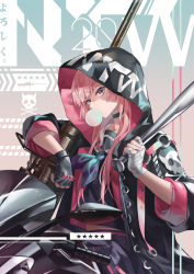 Rule 34 | 1girl, alternate costume, anti-materiel rifle, bandages, baseball bat, black gloves, blue neckerchief, breasts, bubble, blowing bubbles, character name, choker, clothes writing, denel land systems, girls&#039; frontline, gloves, gun, head tilt, highres, holding, holding baseball bat, holding gun, holding weapon, hood, hooded jacket, hoodie, jacket, jiji (pixiv10646874), long hair, looking at viewer, motor vehicle, motorcycle, neckerchief, ntw-20, ntw-20 (girls&#039; frontline), open clothes, open jacket, pink eyes, pink hair, rifle, school uniform, shaded face, sidelocks, sitting, sitting on object, skirt, skull and crossbones, sniper rifle, solo, star (symbol), weapon