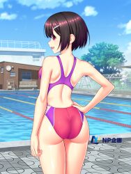 Rule 34 | 1girl, bench, black hair, blue sky, building, cloud, commentary request, competition swimsuit, cowboy shot, day, fence, from behind, hair ornament, hairclip, hand on own hip, kuri (kurigohan), lane line, multicolored clothes, multicolored swimsuit, one-piece swimsuit, original, outdoors, pool, purple one-piece swimsuit, red eyes, second-party source, short hair, sky, smile, solo, swimsuit