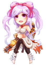 Rule 34 | 1girl, barefoot, belt, black belt, black gloves, black pants, blush, bow, breasts, championship belt, chibi, clothes around waist, commentary request, flame print, foot wraps, full body, gauntlets, gloves, hair bow, jewelry, large bow, long hair, looking at viewer, lowres, medium breasts, necklace, open mouth, pants, pink hair, purple eyes, ragnarok online, red bow, sarashi, shirt, shirt around waist, simple background, sion (blackhorse), smile, solo, sura (ragnarok online), white background, white shirt