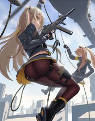 Rule 34 | 2girls, absurdres, aircraft, armband, ass, black footwear, black gloves, black jacket, black pantyhose, blouse, boots, brown eyes, brown hair, building, cityscape, fingerless gloves, girls&#039; frontline, gloves, grey hair, gun, h&amp;k ump, helicopter, highres, holstered, jacket, long sleeves, multiple girls, one side up, outdoors, pantyhose, rappelling, rope, shirt, striped clothes, striped jacket, submachine gun, tenroy, thigh strap, thighs, twintails, ump45 (girls&#039; frontline), ump9 (girls&#039; frontline), weapon, white shirt, yellow armband