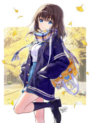 Rule 34 | 1girl, autumn, autumn leaves, bag, black footwear, black socks, blue cardigan, blue eyes, blue scarf, blue skirt, brown hair, buttons, cable knit, cardigan, closed mouth, foot out of frame, ginkgo leaf, hands in pockets, highres, leaf, leg up, loafers, looking at viewer, medium hair, miniskirt, original, plaid, plaid scarf, plaid skirt, pleated skirt, sanbasou, scar, scarf, school bag, school uniform, shirt, shoes, skirt, smile, socks, solo, standing, standing on one leg, white shirt, yellow bag