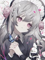Rule 34 | 1girl, black shirt, bug, butterfly, flower, goth fashion, gothic lolita, grey background, grey hair, headband, highres, insect, lolita fashion, long hair, long sleeves, looking to the side, namiki itsuki, original, own hands clasped, own hands together, purple eyes, shirt