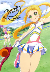 Rule 34 | 10s, 3girls, absurdres, aikatsu! (series), aikatsu friends!, animedia, blonde hair, blue footwear, blue hair, blue hairband, blue sky, blush, breasts, character signature, cheerleader, cloud, collarbone, company name, day, frilled legwear, frills, gloves, gradient hair, grass, hair ornament, hairband, highres, hinata ema (aikatsu friends!), jumping, kneehighs, lacrosse ball, lacrosse stick, long hair, magazine scan, minato mio, morita takeshi, multicolored footwear, multicolored hair, multiple girls, official art, open mouth, orange hair, outdoors, pink footwear, pink hair, pleated skirt, pom pom (cheerleading), print shirt, purple eyes, purple pom poms, scan, shirt, shoes, short hair, skirt, sky, sleeveless, sleeveless shirt, small breasts, smile, sneakers, socks, star (symbol), star hair ornament, striped clothes, striped skirt, tongue, tongue out, tree, twintails, white footwear, white gloves, white legwear, white shirt, white skirt, yellow eyes, yellow pom poms, yuki aine