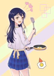 Rule 34 | 1girl, apron, artist name, artist request, bare legs, blue hair, blue skirt, blush, bow, bowtie, breasts, checkered clothes, checkered skirt, collared shirt, cooking, female focus, from behind, hair between eyes, heart, highres, holding pan, long hair, looking at viewer, looking back, love live!, love live! school idol project, medium breasts, miniskirt, otonokizaka school uniform, parted lips, plaid, plaid skirt, pleated, pleated skirt, red bow, red bowtie, school uniform, shirt, sideboob, skirt, smile, solo, sonoda umi, white shirt, wing collar, yellow apron, yellow eyes
