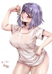 Rule 34 | 10s, 1girl, :d, blue eyes, blue hair, blush, breasts, condom, condom drain, contrapposto, covered erect nipples, cum, cum in mouth, cum on clothes, cum on tongue, dagashi kashi, drinking from condom, gokkun, hand on own hip, huge breasts, looking at viewer, matching hair/eyes, naked shirt, open mouth, purple hair, see-through, shidare hotaru, shirt, short hair, smile, solo, souryu, standing, t-shirt, teeth, tongue, tongue out, used condom