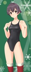 Rule 34 | 1girl, absurdres, ahoge, black hair, black one-piece swimsuit, breasts, brown eyes, competition swimsuit, cowboy shot, fur-trimmed legwear, fur trim, green background, highres, kantai collection, logo, looking at viewer, one-piece swimsuit, red thighhighs, sakawa (kancolle), short hair, small breasts, snowflake background, solo, speedo (company), standing, swimsuit, takafumi, thighhighs