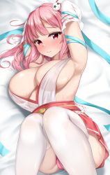 Rule 34 | 1girl, absurdres, armpits, arms up, bed sheet, blunt bangs, blush, breasts, cleavage, closed mouth, commentary, dead or alive, embarrassed, from above, hair ornament, hair ribbon, hakama, hakama short skirt, hakama skirt, highres, hip vent, honoka (doa), japanese clothes, large breasts, lomocya, long hair, looking at viewer, lying, miko, on back, one side up, panties, pantyshot, pink eyes, pink hair, pink panties, ribbon, skindentation, skirt, skull hair ornament, solo, symbol-only commentary, thighhighs, underwear, white background, white thighhighs, zettai ryouiki
