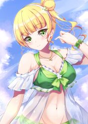 Rule 34 | 1girl, bare shoulders, blonde hair, breasts, cleavage, green eyes, heanna sumire, highres, hoijin, looking at viewer, love live!, love live! superstar!!, medium breasts, outdoors, smile, solo, swimsuit