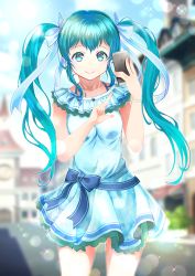 Rule 34 | 1girl, blue bow, blue eyes, blue hair, blue ribbon, blurry, blurry background, bow, cellphone, cowboy shot, day, dress, floating hair, hair ribbon, hatsune miku, holding, holding phone, index finger raised, jewelry, lens flare, long hair, looking at viewer, necklace, outdoors, phone, ribbon, road, short dress, sleeveless, sleeveless dress, smartphone, smile, solo, standing, street, twintails, very long hair, vesper (pixiv3568), vocaloid, white dress