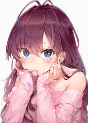 Rule 34 | 10s, 1girl, :3, antenna hair, bare shoulders, blue eyes, blush, breasts, brown hair, collarbone, eyelashes, hair in own mouth, hands on own cheeks, hands on own face, hands up, highres, ichinose shiki, idolmaster, idolmaster cinderella girls, long hair, long sleeves, looking at viewer, mouth hold, off-shoulder, off-shoulder sweater, off shoulder, pink sweater, simple background, sleeves past wrists, smile, solo, somalisu, sweater, upper body, white background
